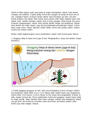 Daerah di dalam lapisan tanah yang kedap air tempat terkumpulnya minyak bumi disebut
cekungan atau antiklinal. Lapisan paling bawah dari cekungan ini berupa air tawar atau air
asin, sedangkan lapisan di atasnya berupa minyak bumi bercampur gas alam. Gas alam
berada di lapisan atas minyak bumi karena massa jenisnya lebih ringan daripada massa jenis
minyak bumi. Apabila akumulasi minyak bumi di suatu cekungan cukup banyak dan secara
komersial menguntungkan, minyak bumi tersebut diambil dengan cara pengeboran. Minyak
bumi diambil dari sumur minyak yang ada di pertambangan-pertambangan minyak. Lokasi-
lokasi sumur-sumur minyak diperoleh setelah melalui proses studi geologi analisis sedimen
karakter dan struktur sumber.
Berikut adalah langkah-langkah proses pembentukan minyak bumi beserta gamar ilustrasi:
1. Ganggang hidup di danau tawar (juga di laut). Mengumpulkan energi dari matahari dengan
fotosintesis.
2. Setelah ganggang-ganggang ini mati, maka akan terendapkan di dasar cekungan sedimen
dan membentuk batuan induk (source rock). Batuan induk adalah batuan yang mengandung
karbon (High Total Organic Carbon). Batuan ini bisa batuan hasil pengendapan di danau, di
delta, maupun di dasar laut. Proses pembentukan karbon dari ganggang menjadi batuan induk
ini sangat spesifik. Itulah sebabnya tidak semua cekungan sedimen akan mengandung minyak
atau gas bumi. Jika karbon ini teroksidasi maka akan terurai dan bahkan menjadi rantai
karbon yang tidak mungkin dimasak.
 