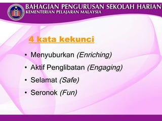 4  kata kekunci Menyuburkan  (Enriching) Aktif   Penglibatan  (Engaging)   Selamat  (Safe) Seronok  (Fun) 