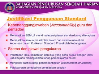 Justifikasi Penggunaan Standard Kebertanggungjawaban ( Accountability ) guru dan pentadbir Memastikan SEMUA murid melepasi piawai standard yang ditetapkan  Memastikan semua prasekolah awam dan swasta mematuhi keperluan dalam Kurikulum Standard Prasekolah Kebangsaan.  Skema dan piawai pengukuran  Penetapan ilmu, kemahiran dan nilai yang perlu diukur dengan jelas untuk tujuan meningkatkan tahap pembelajaran murid Mengenal pasti strategi penambahbaikan  (assessment for learning) Pelaksanaan pentaksiran berasaskan sekolah 