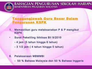Tanggungjawab Guru Besar Dalam Pengurusan KSPK Memastikan guru melaksanakan P & P mengikut KSPK Surat Pekeliling Ikhtisas Bil 9/2010  - 4 jam (5 tahun hingga 6 tahun) - 3 1/2 jam ( 4 tahun hingga 5 tahun) Pelaksanaan MBMMBI -  50 % Bahasa Malaysia dan 50 % Bahasa Inggeris 