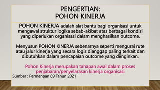 PENGERTIAN:
POHON KINERJA
POHON KINERJA adalah alat bantu bagi organisasi untuk
mengawal struktur logika sebab-akibat atas berbagai kondisi
yang diperlukan organisasi dalam menghasilkan outcome.
Menyusun POHON KINERJA sebenarnya seperti mengurai rute
atau jalur kinerja yang secara logis dianggap paling terkait dan
dibutuhkan dalam pencapaian outcome yang diinginkan.
Pohon Kinerja merupakan tahapan awal dalam proses
penjabaran/penyelarasan kinerja organisasi
Sumber : Permenpan 89 Tahun 2021
 