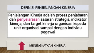 MENINGKATKAN KINERJA
Penjejangan Kinerja adalah proses penjabaran
dan penyelarasan sasaran strategis, indikator
kinerja, dan target kinerja organisasi kepada
unit organisasi sampai dengan individu
pegawai
DEFINISI PENJENJANGAN KINERJA
 