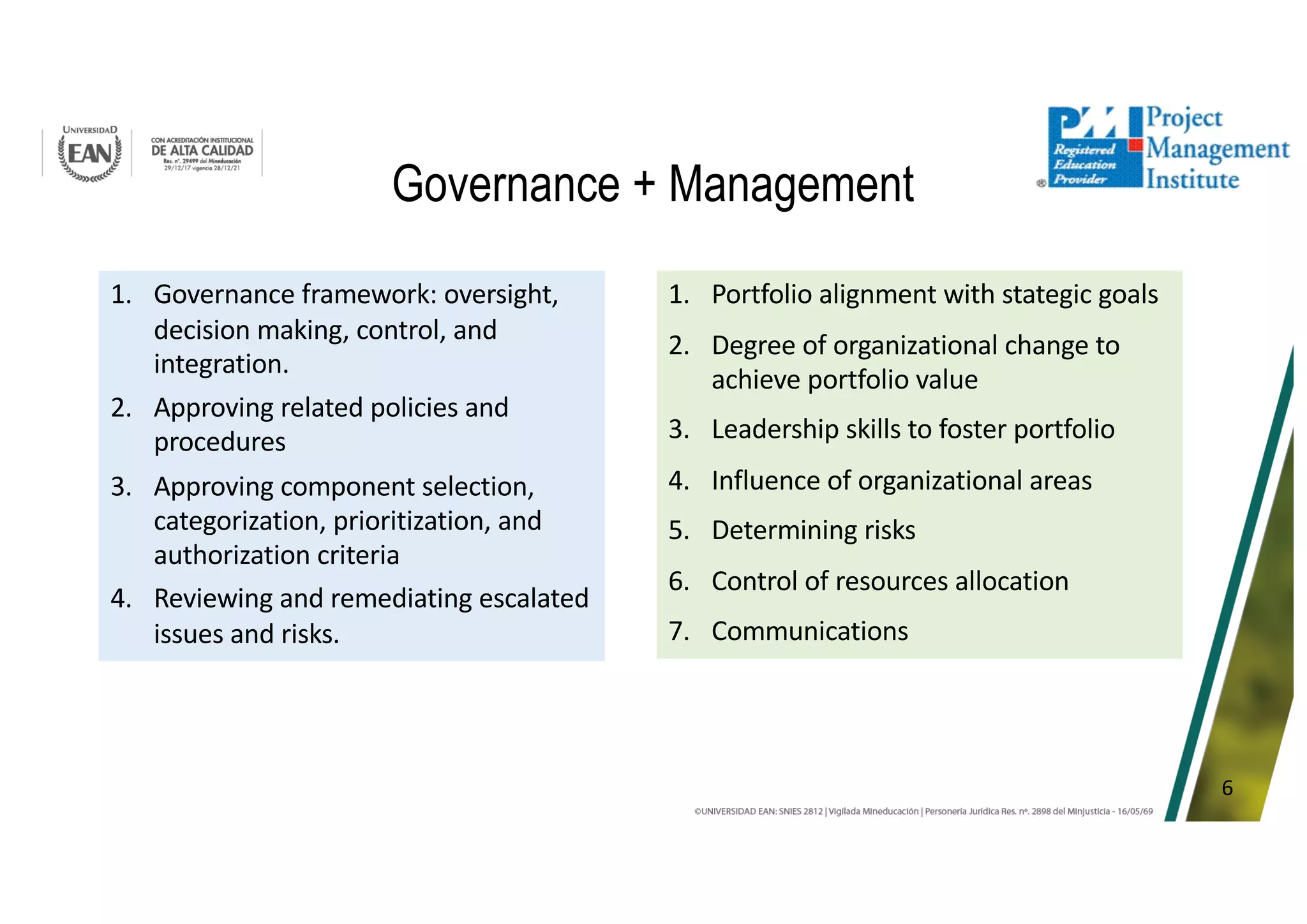 6
Governance + Management
1. Governance framework: oversight,
decision making, control, and
integration.
2. Approving related policies and
procedures
3. Approving component selection,
categorization, prioritization, and
authorization criteria
4. Reviewing and remediating escalated
issues and risks.
1. Portfolio alignment with stategic goals
2. Degree of organizational change to
achieve portfolio value
3. Leadership skills to foster portfolio
4. Influence of organizational areas
5. Determining risks
6. Control of resources allocation
7. Communications
 
