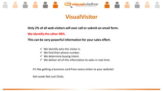 VisualVisitor
Only 2% of all web visitors will ever call or submit an email form.
We identify the other 98%.
This can be very powerful information for your sales effort.
 We identify who the visitor is.
 We find their phone number.
 We determine buying intent.
 We deliver all of this information to sales in real-time.
It’s like getting a business card from every visitor to your website!
Get Leads Not Just Clicks.
 