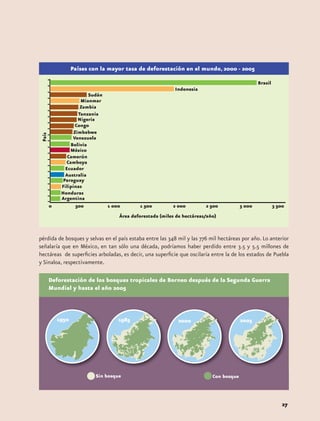 Países con la mayor tasa de deforestación en el mundo, 2000 - 2005




pérdida de bosques y selvas en el país estaba entre las 348 mil y las 776 mil hectáreas por año. Lo anterior
señalaría que en México, en tan sólo una década, podríamos haber perdido entre 3.5 y 5.5 millones de
hectáreas de superficies arboladas, es decir, una superficie que oscilaría entre la de los estados de Puebla
y Sinaloa, respectivamente.

    Deforestación de los bosques tropicales de Borneo después de la Segunda Guerra
    Mundial y hasta el año 2005




                        Sin bosque                                         Con bosque




                                                                                                         27
 