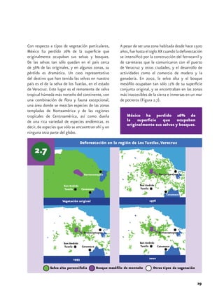 Con respecto a tipos de vegetación particulares,      A pesar de ser una zona habitada desde hace 1500
México ha perdido 26% de la superficie que            años, fue hasta el siglo XX cuando la deforestación
originalmente ocupaban sus selvas y bosques.          se intensificó por la construcción del ferrocarril y
De las selvas tan sólo quedan en el país cerca        de carreteras que la comunicaron con el puerto
de 56% de las originales, y en algunas zonas, su      de Veracruz y otras ciudades, y el desarrollo de
pérdida es dramática. Un caso representativo          actividades como el comercio de madera y la
del destino que han tenido las selvas en nuestro      ganadería. En 2002, la selva alta y el bosque
país es el de la selva de los Tuxtlas, en el estado   mesófilo ocupaban tan sólo 11% de su superficie
de Veracruz. Este lugar es el remanente de selva      conjunta original, y se encontraban en las zonas
tropical húmeda más norteño del continente, con       más inaccesibles de la sierra e inmersas en un mar
una combinación de flora y fauna excepcional,         de potreros (Figura 2.7).
una área donde se mezclan especies de las zonas
templadas de Norteamérica y de las regiones
tropicales de Centroamérica, así como dueña               México ha perdido 26% de
de una rica variedad de especies endémicas, es            la superficie que ocupaban
                                                          originalmente sus selvas y bosques.
decir, de especies que sólo se encuentran ahí y en
ninguna otra parte del globo.

                                Deforestación en la región de Los Tuxtlas, Veracruz




                                   Sontecomapan                                Sontecomapan




                     Vegetación original                                1976




                                   Sontecomapan                                Sontecomapan




                            1993                                        2002




                                                                                                      29
 