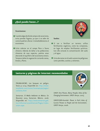 ¿Qué puedo hacer...?


Ecosistemas:

Cuando salgas de día de campo o de vacaciones,
evita prender fogatas, ya que si se salen de     Suelos:
control podrían afectar irremediablemente al
ecosistema.                                      Si vas a fertilizar un terreno, utiliza
                                                 fertilizantes orgánicos, como las compostas,
Evita colectar en el campo flora o fauna         en lugar de emplear fertilizantes químicos.
silvestre. Además de dañar a las poblaciones     Con ello evitarás la contaminación del suelo
silvestres de esas especies, podrías estar       y el agua.
alterando el equilibrio del ecosistema entero.
Tampoco dañes la vegetación cortando ramas,      Evita derramar en el suelo sustancias peligrosas
brotes y flores.                                 como petróleo, aceites y solventes.




Lecturas y páginas de internet recomendadas


PNUMA-WCMC. Los bosques en peligro.
Tunza 4: 12-14. Disponible en: http://www.
ourplanet.com/tunza/issue0403sp/pages/
contents.html
                                                 UNEP. One Planet, Many People: Atlas of Our
Semarnat. El Medio Ambiente en México. En        Changing Environment. UNEP. Kenya. 2005.
Resumen 2005. Semarnat. México. 2006.
Disponible en: http://www.semarnat.gob.          UNEP/GRID-Arendal. Planet in Peril: Atlas of
mx/informacionambiental/Pages/index-             Current Threats to People and the Environment.
sniarn.aspx                                      UNEP. Kenya. 2006.




                                                                                                    41
 