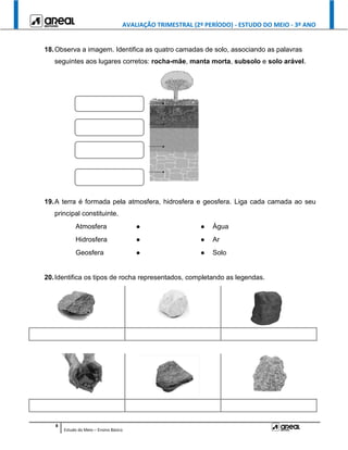 AVALIAÇÃO TRIMESTRAL (2º PERÍODO) - ESTUDO DO MEIO - 3º ANO
8
Estudo do Meio – Ensino Básico
18.Observa a imagem. Identifica as quatro camadas de solo, associando as palavras
seguintes aos lugares corretos: rocha-mãe, manta morta, subsolo e solo arável.
19.A terra é formada pela atmosfera, hidrosfera e geosfera. Liga cada camada ao seu
principal constituinte.
Atmosfera ● ● Água
Hidrosfera ● ● Ar
Geosfera ● ● Solo
20.Identifica os tipos de rocha representados, completando as legendas.
 
