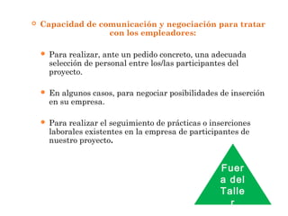  Capacidad de comunicación y negociación para tratar
con los empleadores:
 Para realizar, ante un pedido concreto, una adecuada
selección de personal entre los/las participantes del
proyecto.
 En algunos casos, para negociar posibilidades de inserción
en su empresa.
 Para realizar el seguimiento de prácticas o inserciones
laborales existentes en la empresa de participantes de
nuestro proyecto.
 
Fuer
a del
Talle
r
 