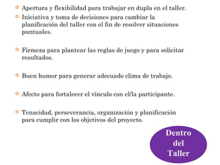  Apertura y flexibilidad para trabajar en dupla en el taller.
 Iniciativa y toma de decisiones para cambiar la
planificación del taller con el fin de resolver situaciones
puntuales.
 Firmeza para plantear las reglas de juego y para solicitar
resultados.
 Buen humor para generar adecuado clima de trabajo.
 Afecto para fortalecer el vínculo con el/la participante.
 Tenacidad, perseverancia, organización y planificación
para cumplir con los objetivos del proyecto.
Dentro
del
Taller
 