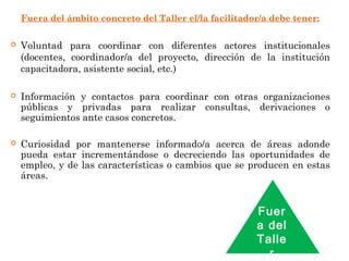 Fuera del ámbito concreto del Taller el/la facilitador/a debe tener:
 
 Voluntad para coordinar con diferentes actores institucionales
(docentes, coordinador/a del proyecto, dirección de la institución
capacitadora, asistente social, etc.)
 Información y contactos para coordinar con otras organizaciones
públicas y privadas para realizar consultas, derivaciones o
seguimientos ante casos concretos.
 Curiosidad por mantenerse informado/a acerca de áreas adonde
pueda estar incrementándose o decreciendo las oportunidades de
empleo, y de las características o cambios que se producen en estas
áreas.
Fuer
a del
Talle
r
 