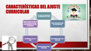 CARACTERÍSTICAS DEL AJUSTE
CURRICULAR Las áreas se estructuran
en subniveles de 3 años
Básica Elemental el 2do,
3er y 4to año de EB
Básica Media el 5to, 6to y
7mo de EB
Básica Superior el 8vo,
9no y 10mo
Bachillerato con sus 3
años.
Adicionalmente 1er año de
EB es su propio subnivel
de preparatoria y no está
escolarizado.
 