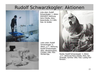 15
Links unten: Rudolf
Schwarzkogler: 6.
Aktion „o.T.“, Wohnung
Rudolf Schwarzkogler,
Wien, Werdertorgasse,
Frühjahr 1966. Foto:
Michael Epp.
Links oben: Rudolf
Schwarzkogler: 1. Aktion
HOCHZEIT, Wohnung
Heinz Cibulka, Wien,
Kaiserstraße, 6.2.1965.
Foto: W. Kindler.
Rechts: Rudolf Schwarzkogler: 3. Aktion
„o.T.“, Wohnung Heinz Cibulka, Wien, Kai-
serstraße, Sommer 1965. Foto: Ludwig Hof-
fenreich.
Rudolf Schwarzkogler: Aktionen
 