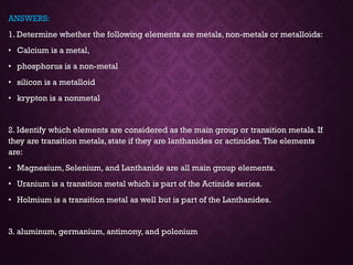 ANSWERS:
1. Determine whether the following elements are metals, non-metals or metalloids:
• Calcium is a metal,
• phosphorus is a non-metal
• silicon is a metalloid
• krypton is a nonmetal
2. Identify which elements are considered as the main group or transition metals. If
they are transition metals, state if they are lanthanides or actinides.The elements
are:
• Magnesium, Selenium, and Lanthanide are all main group elements.
• Uranium is a transition metal which is part of the Actinide series.
• Holmium is a transition metal as well but is part of the Lanthanides.
3. aluminum, germanium, antimony, and polonium
 