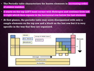 • The Periodic table characterizes the known elements in increasing order
of atomic number.
• It starts on the top LEFT hand corner with Hydrogen and continue from left
to right which then repeats in the horizontal row below the last element.
• At first glance, the periodic table may seem disorganized with only a
couple elements on the top row and a block on the last row but it is very
specific in the way that they are organized.
 