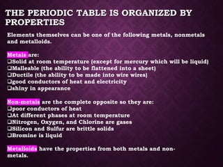 THE PERIODIC TABLE IS ORGANIZED BY
PROPERTIES
Non-metals are the complete opposite so they are:
❑poor conductors of heat
❑At different phases at room temperature
❑Nitrogen, Oxygen, and Chlorine are gases
❑Silicon and Sulfur are brittle solids
❑Bromine is liquid
Metalloids have the properties from both metals and non-
metals.
Elements themselves can be one of the following metals, nonmetals
and metalloids.
Metals are:
❑Solid at room temperature (except for mercury which will be liquid)
❑Malleable (the ability to be flattened into a sheet)
❑Ductile (the ability to be made into wire wires)
❑good conductors of heat and electricity
❑shiny in appearance
 