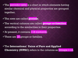 ✓The periodic table is a chart in which elements having
similar chemical and physical properties are grouped
together.
✓The rows are called periods.
✓The vertical columns are called groups or families
according to the similarities in their properties.
✓At present, it contains 118 elements;
✓There are 18 groups or families.
✓The International Union of Pure and Applied
Chemistry (IUPAC) refers to the columns as Groups 1-18.
 