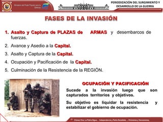PERIODIZACIÓN DEL SURGIMIENTO Y
DESARROLLO DE LA GUERRAMinisterio del Poder Popular para laMinisterio del Poder Popular para la
DefensaDefensa
Independencia y Patria, Socialista . ¡Viviremos y Venceremos!Independencia y Patria, Socialista . ¡Viviremos y Venceremos!
Sucede a la invasión luego que son
capturados territorios y objetivos.
Su objetivo es liquidar la resistencia y
estabilizar el gobierno de ocupación.
1.1. Asalto y Captura de PLAZAS de ARMASAsalto y Captura de PLAZAS de ARMAS y desembarcos de
fuerzas.
2. Avance y Asedio a la Capital.Capital.
3. Asalto y Captura de la Capital.Capital.
4. Ocupación y Pacificación de la Capital.Capital.
5. Culminación de la Resistencia de la REGIÓN.
OCUPACIÓN Y PACIFICACIÓNOCUPACIÓN Y PACIFICACIÓN
Chávez Vive, La Patria Sigue… Independencia y Patria Socialista…..!Viviremos y Venceremos¡
 