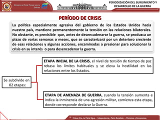 PERIODIZACIÓN DEL SURGIMIENTO Y
DESARROLLO DE LA GUERRAMinisterio del Poder Popular para laMinisterio del Poder Popular para la
DefensaDefensa
Independencia y Patria, Socialista . ¡Viviremos y Venceremos!Independencia y Patria, Socialista . ¡Viviremos y Venceremos!
PERÍODO DE CRISISPERÍODO DE CRISIS
La política especialmente agresiva del gobierno de los Estados Unidos hacia
nuestro país, mantiene permanentemente la tensión en las relaciones bilaterales.
No obstante, es previsible que, antes de desencadenarse la guerra, se produzca un
plazo de varias semanas o meses, que se caracterizará por un deterioro creciente
de esas relaciones y algunas acciones, encaminadas a presionar para solucionar la
crisis en su interés o para desencadenar la guerra.
Se subdivide en
02 etapas:
ETAPA INICIAL DE LA CRISISETAPA INICIAL DE LA CRISIS, el nivel de tensión de tiempo de paz
rebasa los limites habituales y se eleva la hostilidad en las
relaciones entre los Estados.
ETAPA DE AMENAZA DE GUERRAETAPA DE AMENAZA DE GUERRA, cuando la tensión aumenta e
indica la inminencia de una agresión militar, comienza esta etapa,
donde corresponde declarar la Guerra.
Chávez Vive, La Patria Sigue… Independencia y Patria Socialista…..!Viviremos y Venceremos¡
 