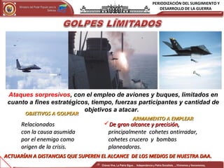 PERIODIZACIÓN DEL SURGIMIENTO Y
DESARROLLO DE LA GUERRAMinisterio del Poder Popular para laMinisterio del Poder Popular para la
DefensaDefensa
Independencia y Patria, Socialista . ¡Viviremos y Venceremos!Independencia y Patria, Socialista . ¡Viviremos y Venceremos!
Ataques sorpresivos, con el empleo de aviones y buques, limitados en
cuanto a fines estratégicos, tiempo, fuerzas participantes y cantidad de
objetivos a atacar.
OBJETIVOSOBJETIVOS A GOLPEARA GOLPEAR
RelacionadosRelacionados
con la causa asumidacon la causa asumida
por el enemigo comopor el enemigo como
origen de la crisis.origen de la crisis.
ARMAMENTO A EMPLEARARMAMENTO A EMPLEAR
De gran alcance y precisión,De gran alcance y precisión,
principalmente cohetes antirradar,principalmente cohetes antirradar,
cohetes crucero y bombascohetes crucero y bombas
planeadoras.planeadoras.
ACTUARÍAN A DISTANCIAS QUE SUPEREN EL ALCANCE DE LOS MEDIOS DE NUESTRA DAA.ACTUARÍAN A DISTANCIAS QUE SUPEREN EL ALCANCE DE LOS MEDIOS DE NUESTRA DAA.
Chávez Vive, La Patria Sigue… Independencia y Patria Socialista…..!Viviremos y Venceremos¡
 