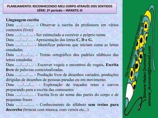 PLANEJAMENTO: RECONHECENDO MEU CORPO ATRAVÉS DOS SENTIDOS
                SÉRIE: 2º período – INFANTIL III

Linguagem escrita
Data ...../...../..... - Observar a escrita da professora em vários
contextos (livre)
Data ...../...../..... - Ser estimulado a escrever o próprio nome
Data ...../...../..... - Apresentação das letras C, D e G.
Data ...../...../..... - Identificar palavras que iniciam coma as letras




                                                                           simone_drumond@hotmail.com
estudadas;
Data ...../...../..... - Treino ortográfico dos padrões silábicos das




                                                                              Simone Helen Drumond
letras estudadas
Data ...../...../..... - Escrever vogais e encontros de vogais. Escrita
livre de palavras contextualizadas.
Data ...../...../..... - Produção livre de desenhos variados, produções
dirigidas de desenhos de pessoas paradas ou em movimento.
Data ...../...../..... - Exploração de traçados retos e curvos
preparando para a escrita das consoantes
Data ...../...../..... - Escrita livre do nome das partes do corpo e de
pequenas frases.
Data ...../...../..... - Conhecimento do alfabeto sem treino para
decoreba (brincar com musica, com versos etc...)
 