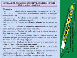 PLANEJAMENTO: RECONHECENDO MEU CORPO ATRAVÉS DOS SENTIDOS
                SÉRIE: 2º período – INFANTIL III

Matemática
Data ...../...../..... - Realização de contagem livre dos números de 0 a 20
Data ...../...../..... - Comunicação de quantidades utilizando a anotação
numérica de 0 a 20.
Data ...../...../..... - Reconhecer a necessidade e a função do numero
(calendário, relógio e idade das crianças).
Data ...../...../..... - Perceber as diferentes alturas que encontram na




                                                                              simone_drumond@hotmail.com
turma.
Data ...../...../..... - Perceber os diferentes comprimentos de cabelo (ou




                                                                                 Simone Helen Drumond
outros materiais), na turma e em outros ambientes.
Data ...../...../..... - Realizar atividades para que a criança perceba a
diferença entre pesos variados.
Data ...../...../..... - Realizar atividades onde as crianças percebam as
diferentes posições que o corpo, pode assumir: deitado (de lado, de peito
pra baixo, de peito pra cima), em pé, etc...
Data ...../...../..... - Explorar através dos sentidos e de experiências as
texturas e suas variações, e as temperaturas.
Data ...../...../..... - Agrupamento (juntar): objetos parecidos, pessoas
que tenham semelhanças. ( tamanho, idade) , etc...
Data ...../...../..... - Conhecer, identificar e nomear as semelhanças e
igualdades existentes entre as pessoas: igual e diferente
Data ...../...../..... - Conhecer, identificar e nomear as partes do corpo.
 