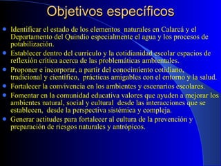 Objetivos específicos Identificar el estado de los elementos  naturales en Calarcá y el Departamento del Quindío especialmente el agua y los procesos de potabilización. Establecer dentro del currículo y la cotidianidad escolar espacios de reflexión crítica acerca de las problemáticas ambientales. Proponer e incorporar, a partir del conocimiento cotidiano,  tradicional y científico,  prácticas amigables con el entorno y la salud. Fortalecer la convivencia en los ambientes y escenarios escolares. Fomentar en la comunidad educativa valores que ayuden a mejorar los ambientes natural, social y cultural  desde las interacciones que se establecen,  desde la perspectiva sistémica y compleja. Generar actitudes para fortalecer al cultura de la prevención y preparación de riesgos naturales y antrópicos. 