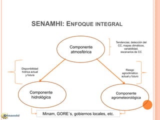 SENAMHI: ENFOQUE INTEGRAL

                                                          Tendencias; detección del
                                                           CC, mapas climáticos,
                               Componente                       variabilidad,
                               atmosférica                   escenarios de CC




Disponibilidad                                                   Riesgo
hídrica actual                                                agroclimático
   y futura                                                   actual y futuro




      Componente                                        Componente
       hidrológica                                   agrometeorológica



                 Minam, GORE´s, gobiernos locales, etc.
 