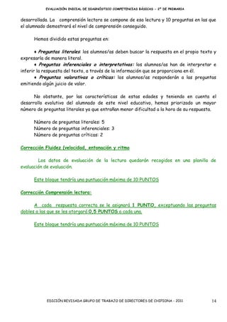 EVALUACIÓN INICIAL DE DIAGNÓSTICO COMPETENCIAS BÁSICAS - 2º DE PRIMARIA


desarrollada. La comprensión lectora se compone de esa lectura y 10 preguntas en las que
el alumnado demostrará el nivel de comprensión conseguido.

      Hemos dividido estas preguntas en:

       ♦ Preguntas literales: los alumnos/as deben buscar la respuesta en el propio texto y
expresarla de manera literal.
       ♦ Preguntas inferenciales o interpretativas: los alumnos/as han de interpretar e
inferir la respuesta del texto, a través de la información que se proporciona en él.
       ♦ Preguntas valorativas o críticas: los alumnos/as responderán a las preguntas
emitiendo algún juicio de valor.

      No obstante, por las características de estas edades y teniendo en cuenta el
desarrollo evolutivo del alumnado de este nivel educativo, hemos priorizado un mayor
número de preguntas literales ya que entrañan menor dificultad a la hora de su respuesta.

      Número de preguntas literales: 5
      Número de preguntas inferenciales: 3
      Número de preguntas críticas: 2

Corrección Fluidez (velocidad, entonación y ritmo

        Los datos de evaluación de la lectura quedarán recogidos en una planilla de
evaluación de evaluación.

      Este bloque tendría una puntuación máxima de 10 PUNTOS

Corrección Comprensión lectora:

      A cada respuesta correcta se le asignará 1 PUNTO, exceptuando las preguntas
dobles a las que se les otorgará 0,5 PUNTOS a cada una.

      Este bloque tendría una puntuación máxima de 10 PUNTOS




            EDICIÓN REVISADA GRUPO DE TRABAJO DE DIRECTORES DE CHIPIONA - 2011          14
 