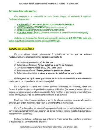 EVALUACIÓN INICIAL DE DIAGNÓSTICO COMPETENCIAS BÁSICAS - 2º DE PRIMARIA




Corrección Expresión escrita :

     Con respecto a la evaluación de este último bloque, se evaluarán 4 aspectos
fundamentales que son:

      1.   CALIGRAFÍA/CLARIDAD/LEGIBILIDAD/TRAZO/LIMPIEZA.
      2.   CONCORDANCIA/COHERENCIA (gramática correcta).
      3.   ORIGINALIDAD/IMAGINACIÓN/CREATIVIDAD.
      4.   VOCABULARIO/LÉXICO (palabras apropiadas al centro de interés trabajado).

      Cada uno de los aspectos tendrá una puntuación máxima de 2,5 PUNTOS cada uno,
siendo la puntuación máxima de este bloque 10 PUNTOS.



BLOQUE IV: GRAMÁTICA

     En este último bloque, planteamos 5 actividades en las que se valorará
fundamentalmente el conocimiento y aplicación correcta de:

      1.   Artículos determinados: el, la, los, las.
      2.   Palabras con fonemas: formar palabras a partir de fonemas.
      3.   Artículos indeterminados: un/o, una, unos, unas.
      4.   Palabras con sílabas: formar palabras a partir de sílabas.
      5.   Palabras en la oración: ordenar y separar las palabras de una oración.

       En los ejercicios 1 y 3 tienen que colocar los artículos determinados e indeterminados
en el espacio correspondiente sin más complejidad.

      En el ejercicio 2 tienen que formar palabras ordenando los fonemas, tienen que
formar 4 palabras que están graduadas según su dificultad (de menor a mayor) de esta
manera, se comprueba el grado de adquisición. Para facilitar el ejercicio la primera letra se
coloca en mayúscula, y se les comunicará oralmente a los alumnos.

      En el ejercicio 4 forman palabras a partir de sílabas colocadas como en el ejercicio
anterior, por orden de complejidad y con la primera letra en mayúsculas.

      En el 5 se le ayuda a los alumnos/as proporcionándoles un recuadro dividido en tantas
partes como palabras tienen que separar así se les indica el número exacto de palabras que
hay (palabras = cuadritos).

      En la actividad que se les pide que ordenen la frase, se les dirá que le la primera es
la mayúscula y la última termina en punto.

             EDICIÓN REVISADA GRUPO DE TRABAJO DE DIRECTORES DE CHIPIONA - 2011           17
 