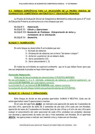 EVALUACIÓN INICIAL DE DIAGNÓSTICO COMPETENCIAS BÁSICAS - 2º DE PRIMARIA




4.3. NORMAS ESPECÍFICAS PARA LA APLICACIÓN DE LA PRUEBA INICIAL DE
DIAGNOSTICO COMPETENCIA MATEMÁTICA 2º EDUCACIÓN PRIMARIA

      La Prueba de Evaluación Inicial de Competencia Matemática elaborada para el 2º nivel
de Educación Primaria se estructura en cinco bloques que son:

      BLOQUE I:   Numeración.
      BLOQUE II: Cálculo y Operaciones.
      BLOQUE III: Resolución de Problemas. Interpretación de datos y
                 tratamiento de la información.
      BLOQUE IV: Geometría.

BLOQUE I: NUMERACIÓN.

      En este bloque se desarrollan 5 actividades que son:
                  1.- Dictado de números
                  2.- Ordenación de números con criterio “de menor a mayor”.
                  3.- Anterior y posterior de un número dado.
                  4.- Serie ascendente (+2).
                  5.- Serie descendente (- 1).

      En todas las actividades se explicará oralmente que es lo que deben hacer para que
una vez empezada la prueba no haya interrupciones.

Corrección Numeración:
      Cada una de las actividades se valorará sobre 2 PUNTOS MÁXIMO.
En las actividades 1, 2 y 3 (dictado, ordenación de números, y anterior-posterior)      se
valorará 0,25 PUNTOS por cada número correcto.
La actividad 4 y 5 se valorará 0,50 PUNTOS cada número correcto.
La evaluación de este bloque tendrá una puntuación máxima de 10 PUNTOS.

BLOQUE II: CÁLCULO Y OPERACIONES.

      Este bloque se divide en dos grandes apartados: SUMAS Y RESTAS. Cada uno de
estos apartados tiene 5 operaciones a realizar.
      En el caso del apartado SUMA, se realizara una operación de suma de 3 sumandos de
una sola cifra, operación de suma de 2 sumandos de una sola cifra cada uno con llevadas,
operación de suma de 2 sumandos sin llevadas (uno de dos cifras y el otro de una cifra para
evaluar el conocimiento del valor posicional de cada cifra: unidades con unidades; decenas
con decenas y operaciones de suma con dos y tres sumandos con llevadas. En el apartado
RESTA, las operaciones a realizar son también cinco y todas son sin llevadas.


            EDICIÓN REVISADA GRUPO DE TRABAJO DE DIRECTORES DE CHIPIONA - 2011          19
 
