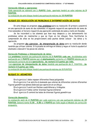 EVALUACIÓN INICIAL DE DIAGNÓSTICO COMPETENCIAS BÁSICAS - 2º DE PRIMARIA


Corrección Cálculo y operaciones
Cada operación se valorará con 1 PUNTO. Cada apartado tendrá un valor máximo de 5
PUNTOS.
La evaluación de este bloque tendrá una puntuación máxima de 10 PUNTOS

BLOQUE III: RESOLUCIÓN DE PROBLEMAS E INTERPRETACIÓN DE DATOS

      En este bloque se proponen tres problemas para su resolución. El primero consistirá
en una operación de suma de dos sumandos; el segundo requerirá una operación de suma de
tres sumandos; el tercero requerirá una operación combinada de suma y resta sin llevadas.
      Se les recordará a los alumnos que lean muy despacio y con detenimiento los
problemas antes de resolverlos y que se fijen en los dibujos. Para facilitarles la
comprensión de ellos se les proporcionará unas pautas donde colocar los datos y la
operación.
      Se proponen dos ejercicios de interpretación de datos para su resolución donde
tendrán que utilizar colores. Si la prueba se entrega en blanco y negro el tutor/a ayudará al
alumnado a descubrir los peces de colores.

Corrección Problemas e Interpretación de datos:
Los problemas tendrán una puntuación máxima de 2 PUNTOS cada uno, dividiéndose esta
puntuación en 1 PUNTO máximo por el planteamiento correcto y 1 PUNTO máximo por la
realización correcta de la/s operación/es. Se restará 0.5 puntos por fallo.
 Los ejercicios de interpretación de datos tendrán una puntuación de 2 PUNTOS . Se
restará 0.5 puntos por fallo.
La evaluación de este bloque tendrá una puntuación máxima de 10 PUNTOS

BLOQUE IV: GEOMETRÍA

      En el ejercicio 1 debe repasar diferentes líneas poligonales
      En el ejercicio 2 se solicita al alumnado que coloree de diferentes colores diferentes
figuras geométricas planas (básicas) que aparecen en un dibujo.
      En el ejercicio 3 unirá con flechas cuadriláteras y triángulos
      En el ejercicio 4 debe contar diversas figuras similares
      En el ejercicio 5 contará los lados de diversas figuras geométricas

Corrección Geometría:
La evaluación será de 2 PUNTOS por cada ejercicio con una puntuación máxima de 10
PUNTOS. Deberá restar 0,30 , 0,50 o 1 PUNTO por fallo según el Modelo de corrección
propuesto.




            EDICIÓN REVISADA GRUPO DE TRABAJO DE DIRECTORES DE CHIPIONA - 2011            20
 