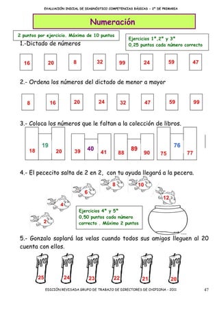 EVALUACIÓN INICIAL DE DIAGNÓSTICO COMPETENCIAS BÁSICAS - 2º DE PRIMARIA




                                   Numeración
2 puntos por ejercicio. Máxima de 10 puntos
                                                       Ejercicios 1º,2º y 3º
1.-Dictado de números                                  0,25 puntos cada número correcto




2.- Ordena los números del dictado de menor a mayor




3.- Coloca los números que le faltan a la colección de libros.




4.- El pececito salta de 2 en 2, con tu ayuda llegará a la pecera.




                             Ejercicios 4º y 5º
                             0,50 puntos cada número
                             correcto . Máximo 2 puntos


5.- Gonzalo soplará las velas cuando todos sus amigos lleguen al 20
cuenta con ellos.




            EDICIÓN REVISADA GRUPO DE TRABAJO DE DIRECTORES DE CHIPIONA - 2011            47
 