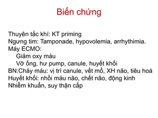 Biến chứng
Thuyên tắc khí: KT priming
Ngưng tim: Tamponade, hypovolemia, arrhythimia.
Máy ECMO:
Giảm oxy máu
Vỡ ống, hư pump, canule, huyết khối
BN:Chảy máu: vị trí canule, vết mổ, XH não, tiêu hoá
Huyết khối: nhồi máu não, chết não, động kinh
Nhiễm khuẩn, suy thận cấp
 