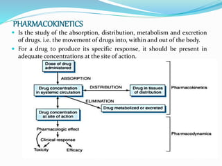 PHARMACOKINETICS
 Is the study of the absorption, distribution, metabolism and excretion
of drugs. i.e. the movement of drugs into, within and out of the body.
 For a drug to produce its specific response, it should be present in
adequate concentrations at the site of action.
 