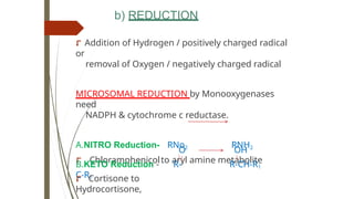 b) REDUCTION
⮦ Addition of Hydrogen / positively charged radical
or
removal of Oxygen / negatively charged radical
MICROSOMAL REDUCTION by Monooxygenases
need
NADPH & cytochrome c reductase.
A.NITRO Reduction- RNo2 RNH2
⮦ Chloramphenicolto aryl amine metabolite
O
B.KETO Reduction - R-
C-R1
OH
R-CH-R1
⮦ Cortisone to
Hydrocortisone,
 