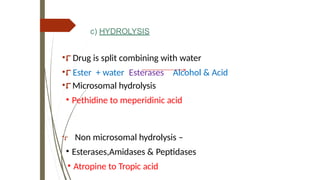 c) HYDROLYSIS
•⮦ Drug is split combining with water
•⮦ Ester + water Esterases Alcohol & Acid
•⮦Microsomal hydrolysis
• Pethidine to meperidinic acid
•⮦ Non microsomal hydrolysis –
• Esterases,Amidases & Peptidases
• Atropine to Tropic acid
 
