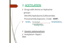 2. ACETYLATION
⮦ Drugs with Amino or Hydrazine
groups -
INH,PAS,Hydralazine,Sulfonamides
Procainamide,Dapsone. ( Code - SHIP)
R-NHCOCH3
⮦ R-NH2 N Acetyl
transferase
Acetyl CoA
⮦ Genetic polymorphism
⮦ Acetylation- Rapid /
Slow
 