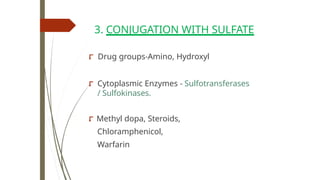 3. CONJUGATION WITH SULFATE
⮦ Drug groups-Amino, Hydroxyl
⮦ Cytoplasmic Enzymes - Sulfotransferases
/ Sulfokinases.
⮦ Methyl dopa, Steroids,
Chloramphenicol,
Warfarin
 