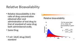 Relative Bioavailability
• Relative bioavailability is the
ratio of drug concentration
obtained after oral
administration of test drug to
that of standard of same drug
both administered orally.
• Same Drug
• F rel= (AUC) drug/(AUC)
standard
 