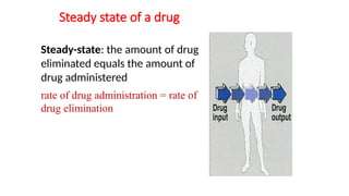Steady state of a drug
Steady-state: the amount of drug
eliminated equals the amount of
drug administered
rate of drug administration = rate of
drug elimination
 