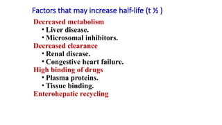 Factors that may increase half-life (t ½ )
Decreased metabolism
• Liver disease.
• Microsomal inhibitors.
Decreased clearance
• Renal disease.
• Congestive heart failure.
High binding of drugs
• Plasma proteins.
• Tissue binding.
Enterohepatic recycling
 