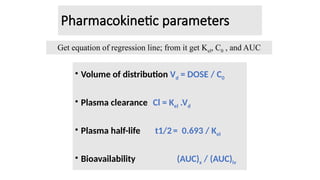 Pharmacokinetic parameters
• Volume of distribution Vd = DOSE / C0
• Plasma clearance Cl = Kel .Vd
• Plasma half-life t1/2= 0.693 / Kel
• Bioavailability (AUC)x / (AUC)iv
Get equation of regression line; from it get Kel, C0 , and AUC
 