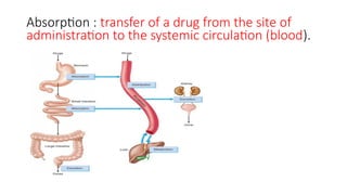 Absorption : transfer of a drug from the site of
administration to the systemic circulation (blood).
 