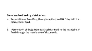 Steps involved in drug distribution:
a. Permeation of Free Drug through capillary wall & Entry into the
extracellular fluid.
b. Permeation of drugs from extracellular fluid to the intracellular
fluid through the membrane of tissue cells.
 
