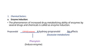 1. Chemical factors:
a. Enzyme induction:
• The phenomenon of increased drug metabolizing ability of enzymes by
several drugs and chemicals is called as enzyme induction.
Propranolol CYP450 enzyme 4-hydroxy propranolol No effects
(Excessive metabolism)
Phenytoin
(Induce enzyme)
 
