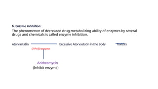 b. Enzyme inhibition:
The phenomenon of decreased drug metabolizing ability of enzymes by several
drugs and chemicals is called enzyme inhibition.
Atorvastatin Excessive Atorvastatin in the Body Toxicity
CYP450 enzyme
Azithromycin
(Inhibit enzyme)
 