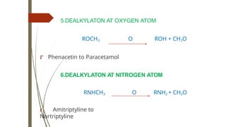 5.DEALKYLATON AT OXYGEN ATOM
ROCH3 O ROH + CH2O
⮦ Phenacetin to Paracetamol
6.DEALKYLATON AT NITROGEN ATOM
RNHCH3 O RNH2 + CH2O
⮦ Amitriptyline to
Nortriptyline
 