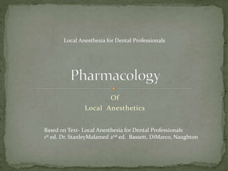 Of
Local Anesthetics
Based on Text- Local Anesthesia for Dental Professionals
1st ed. Dr. StanleyMalamed 2nd ed. Bassett, DiMarco, Naughton
Local Anesthesia for Dental Professionals
 