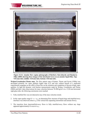 Engineering Data Book III
Two-Phase Flow Patterns 12-20
Figure 12.14. Annular flow regime photographs of Barbieri, Sáiz-Jabardo and Bandarra
Filho (2005) showing three images of the interfacial waves on an annular liquid film. Top:
9.52 mm tube; middle: 15.8 mm tube; bottom: 15.8 mm tube.
Wojtan-Ursenbacher-Thome map. The flow pattern map of Kattan, Thome and Favrat (1998a) was
developed primarily for vapor qualities higher than 0.15 and also without benefit of a dedicated
experimental campaign on the effect of heat flux on the initiation and completion of dryout at high vapor
qualities. In light the dynamic void fraction measurements made by Wojtan, Ursenbacher and Thome
(2004) and their video observations for mass velocities between 70-200 kg/m2
s in a 13.84 mm horizontal
sight glass tube, the following conclusions were reached:
1. Fully stratified flow was not detected at any of the mass velocities tested;
2. In the vapor quality range 0 < x < xIA, an alternating flow structure of liquid slugs and stratified-wavy
interfaces was observed (where xIA is the vertical line separating intermittent and annular flows);
3. The transition from slug/stratified-wavy flows to fully stratified-wavy flows without any slugs
appeared approximately to occur at xIA;
 